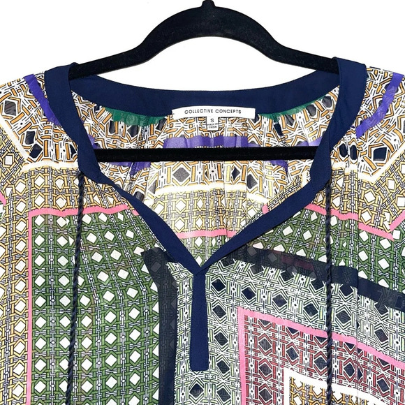 Collective Concepts Multicolor Split Neck Boho Print Blouse Small Women’s - Picture 2 of 12